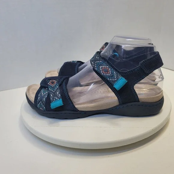 Clarks Flats Sandal Shoes Amanda Sprint Blue Suede Comfort Sporty Strap - Picture 2 of 14